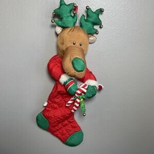 VTG 1980s Parachute Nylon 24" Reindeer Christmas Stocking Jingle Bell Antlers